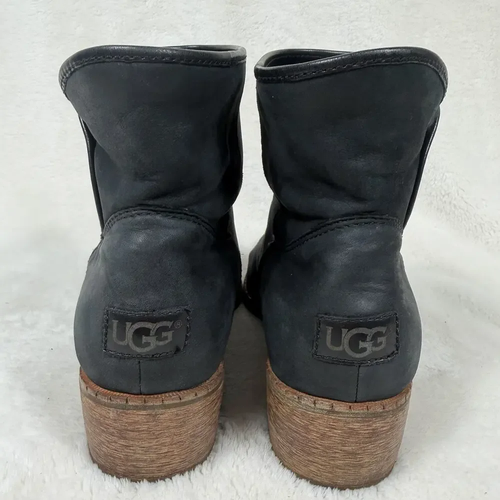 UGG Leather Ankle Boots Black Shearling Lined Low Heel Booties Women’s 10